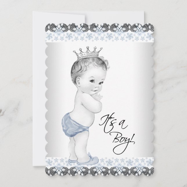 Invitation Baby Shower Vintage Garçon Bleu et Gris (Devant)