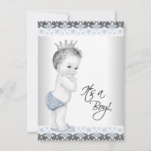 Invitation Baby Shower Vintage Garçon Bleu et Gris