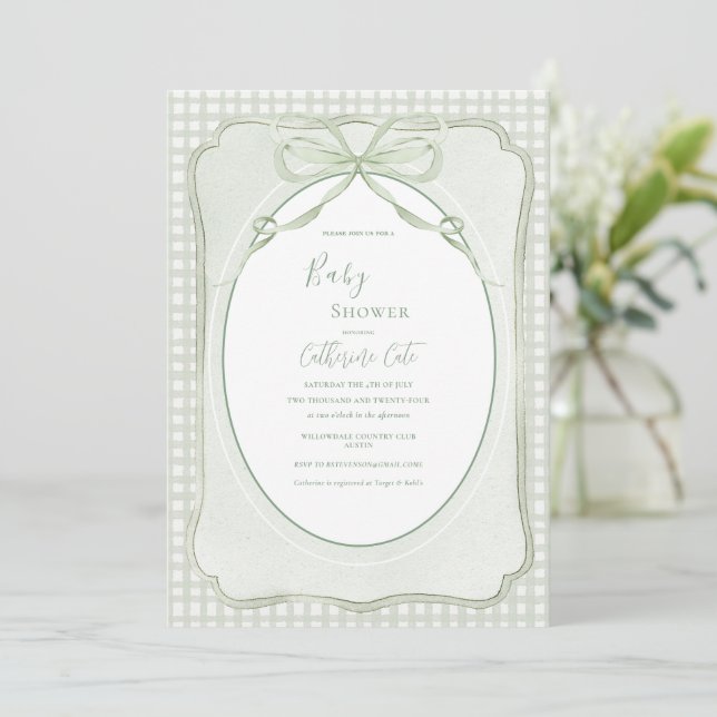 Invitation Baby Shower Vintage Gingham Vert (Debout devant)