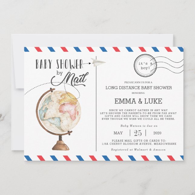 Invitation Baby shower vintage Globe par distance postale (Devant)