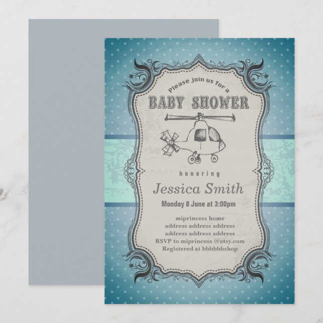 Invitation BABY SHOWER vintage - jouet Hélicoptère (Devant / Derrière)