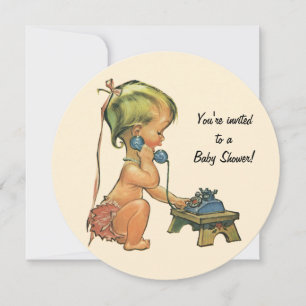 Invitation Baby shower vintage, mignonne fille parler au télé