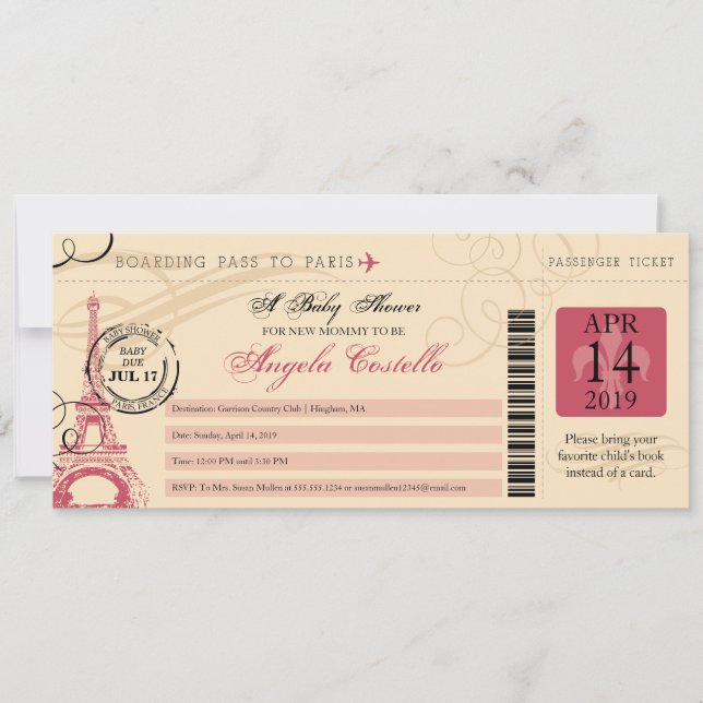 Invitation Baby shower Vintage Paris Boarding Pass (Devant)