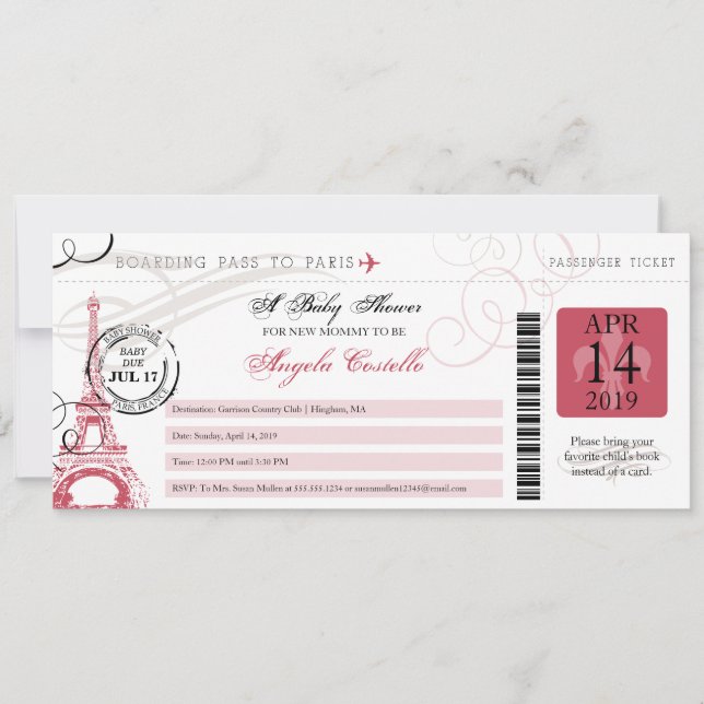 Invitation Baby shower Vintage Paris Boarding Pass (Devant)