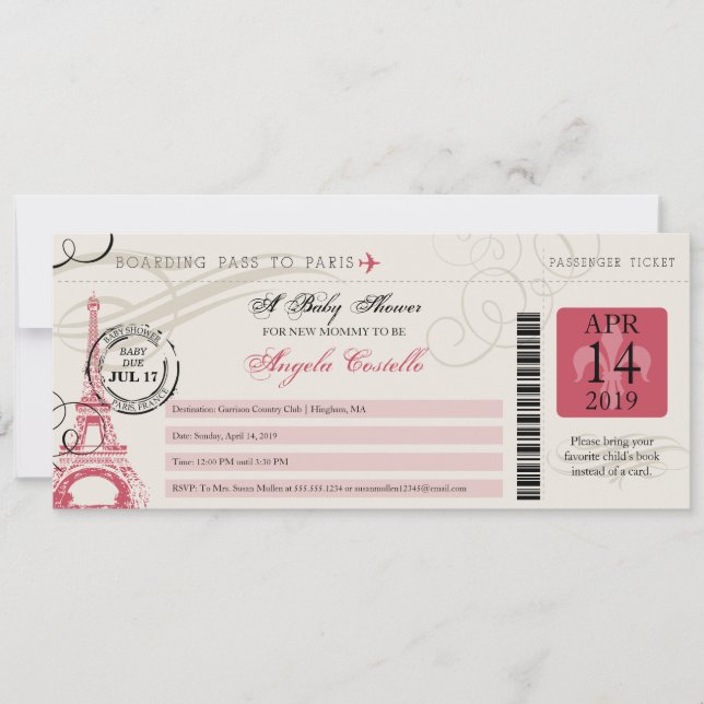 Invitation Baby shower Vintage Paris Boarding Pass (Devant)