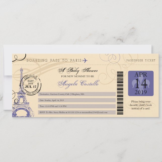 Invitation Baby shower Vintage Paris Boarding Pass (Devant)