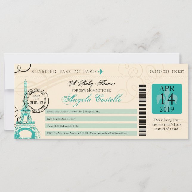 Invitation Baby shower Vintage Paris Boarding Pass (Devant)