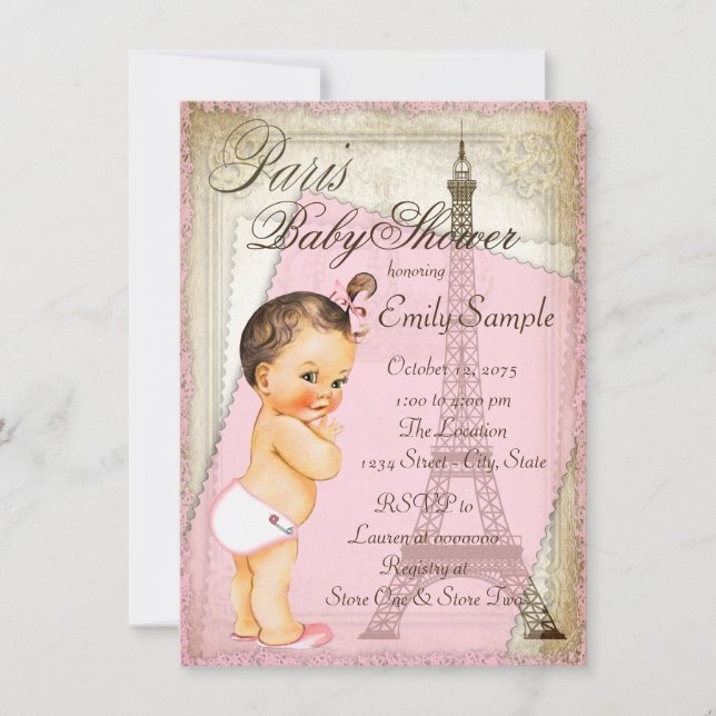 Invitation Baby Shower Vintage Paris Fille (Devant)