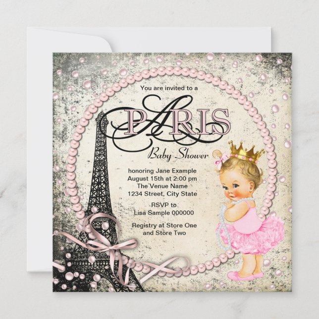 Invitation Baby Shower Vintage Paris Perle (Devant)