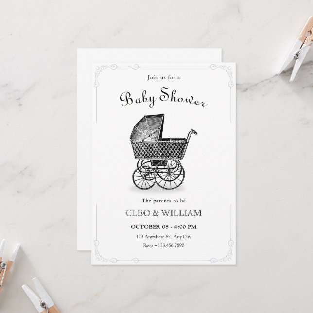Invitation baby shower vintage pour bébé (Devant/Arrière en situation)