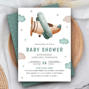 Invitation Baby Shower Vintage Rétro Avion Pilote Mignon