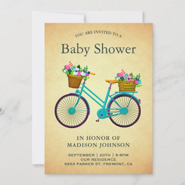 Invitation Baby shower vintage Retro Turquoise Floral (Devant)