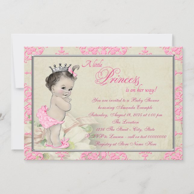Invitation Baby shower Vintage rose Damask (Devant)