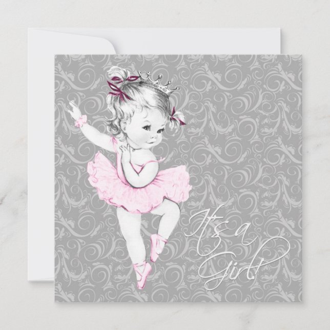 Invitation Baby shower vintage rose et gris (Devant)