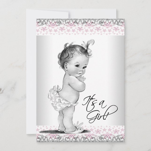 Invitation Baby shower Vintage rose et gris (Devant)