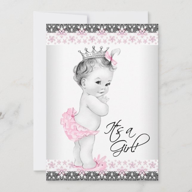 Invitation Baby shower vintage rose et gris (Devant)