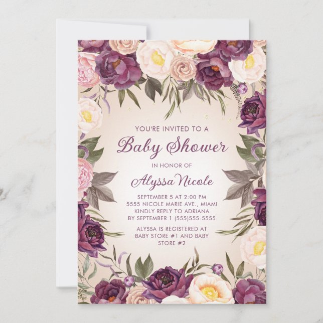 Invitation Baby shower vintage rose vif violet (Devant)