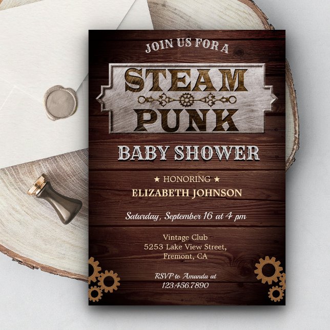 Invitation Baby Shower Vintage Rustique Steampunk (Créateur téléchargé)