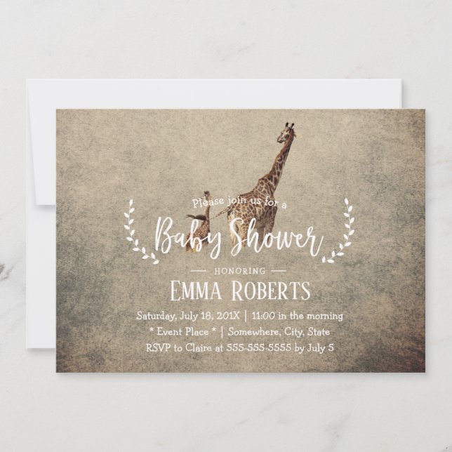 Invitation Baby shower vintage Safari Giraffe (Devant)
