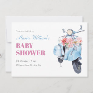Invitation baby shower vintage scooter bleu