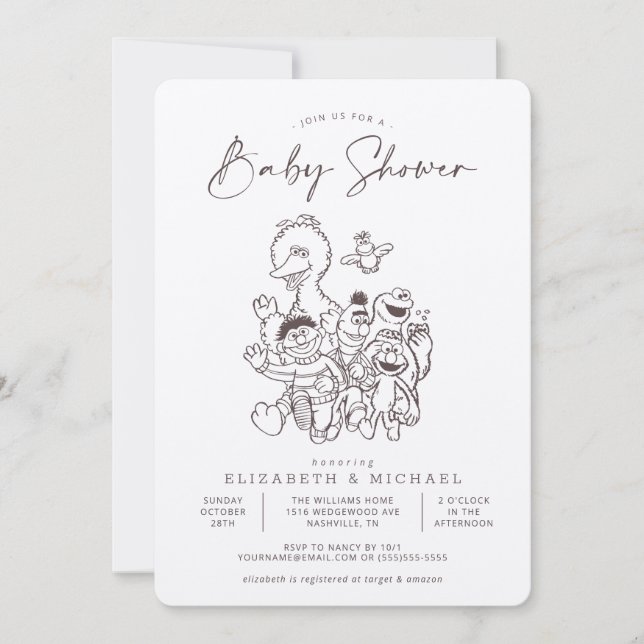 Invitation Baby shower vintage Sesame Street Pals (Devant)