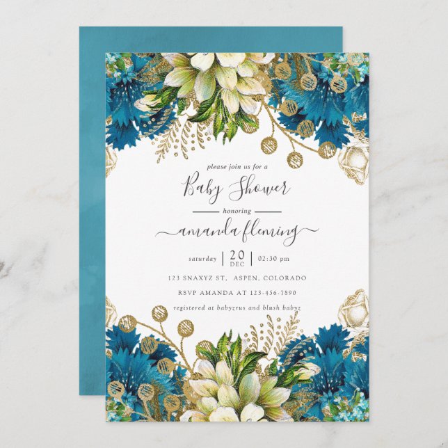 Invitation Baby shower vintage Turquoise et Gold Shabby (Devant / Derrière)