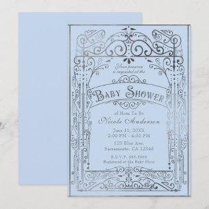 Invitation Baby Shower Vintage Victorien Bleu Clair et Argent