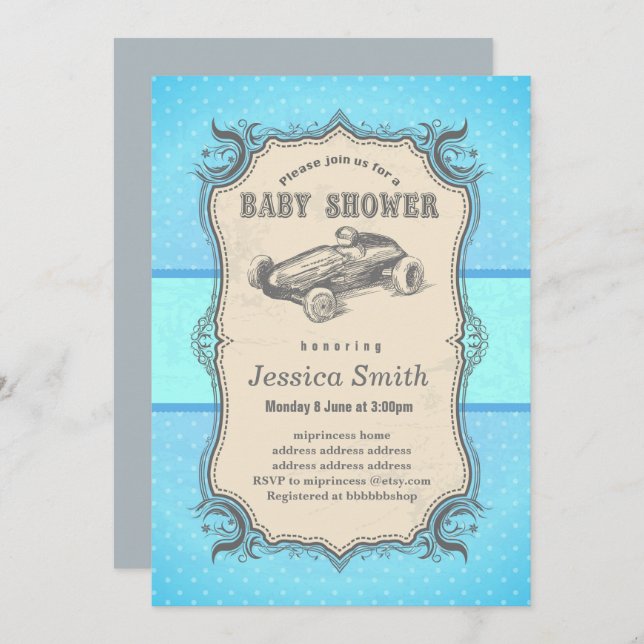 Invitation BABY SHOWER vintage - voiture de course (Devant / Derrière)