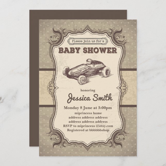 Invitation BABY SHOWER vintage - voiture de course (Devant / Derrière)