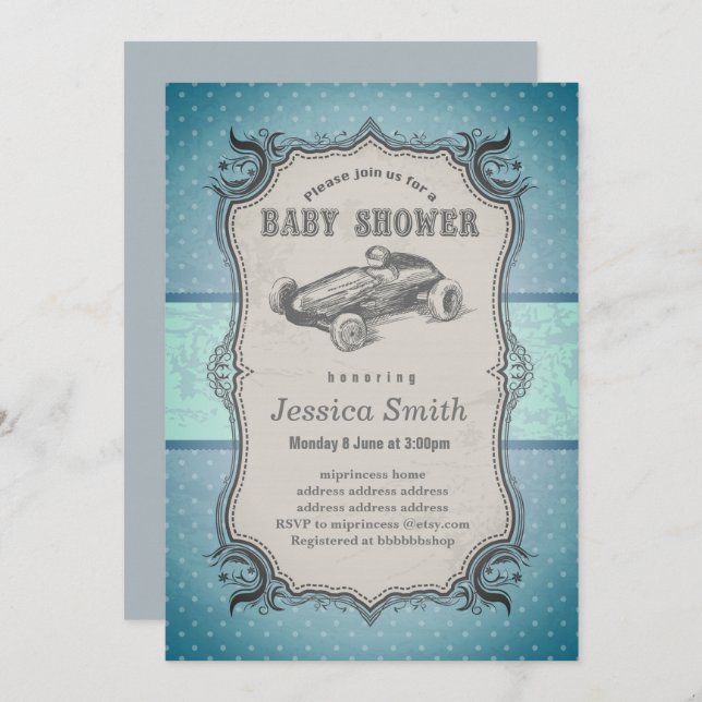 Invitation BABY SHOWER vintage - voiture de course (Devant / Derrière)
