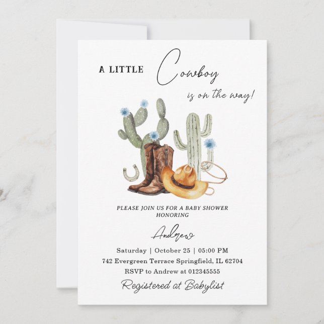 Invitation Baby shower vintage Western Boy (Devant)