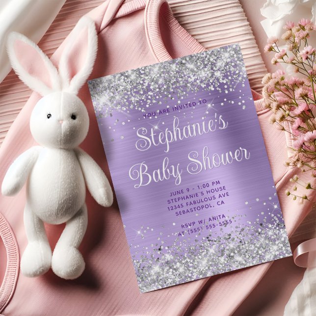 Invitation Baby Shower Violet Clair Pailleté Argent (Silver Glitter Pale Purple Baby Shower Invitation)