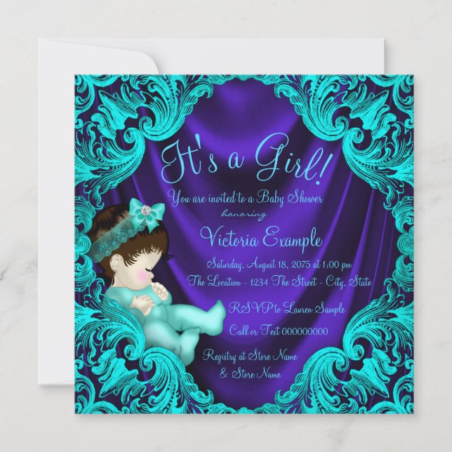 Invitation Baby Shower Violet et Bleu Turquoise (Devant)
