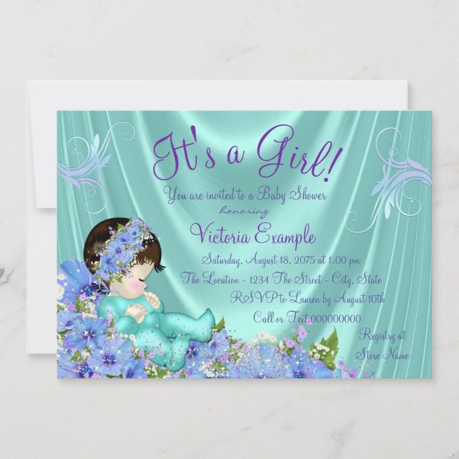 Invitation Baby Shower Violet et Bleu Turquoise (Devant)