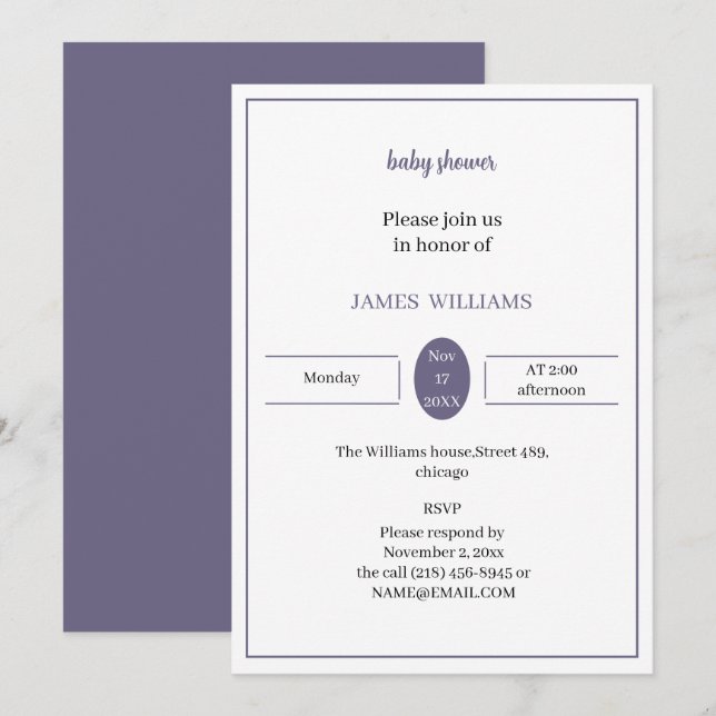 Invitation Baby shower violet simple Customisé (Devant / Derrière)