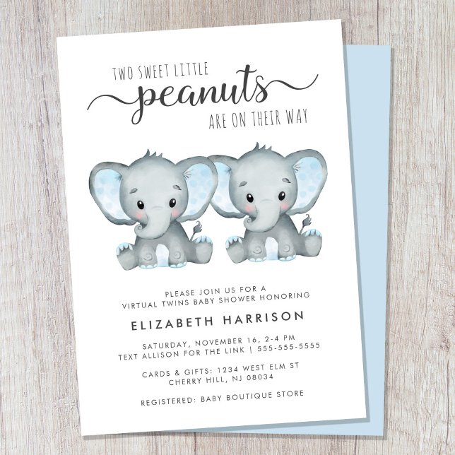 Invitation Baby shower Virtual Elephant Twin Boys (Cute twin boys virtual baby shower invitation)