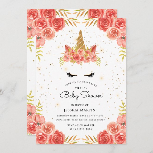 Invitation baby shower virtuel à licorne blanche rose (Devant / Derrière)