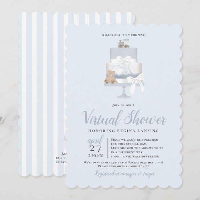 Invitation Baby shower virtuel à longue distance bleu (Devant / Derrière)