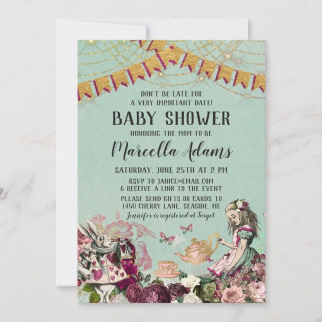 Invitation Baby shower virtuel Alice au pays des merveilles (Devant)