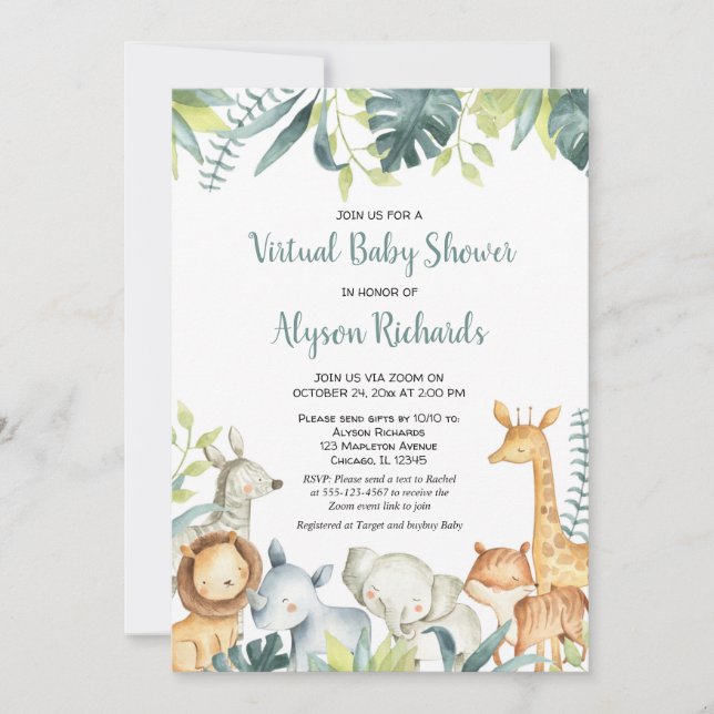 Invitation Baby shower virtuel animaux safari sans sexe (Devant)