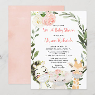 Invitation baby shower virtuel animaux safari vert rose