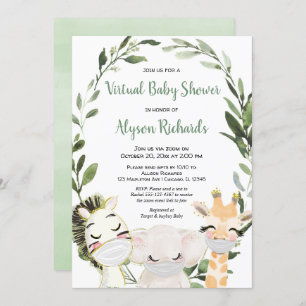 Invitation baby shower virtuel animaux verdoyants avec masque