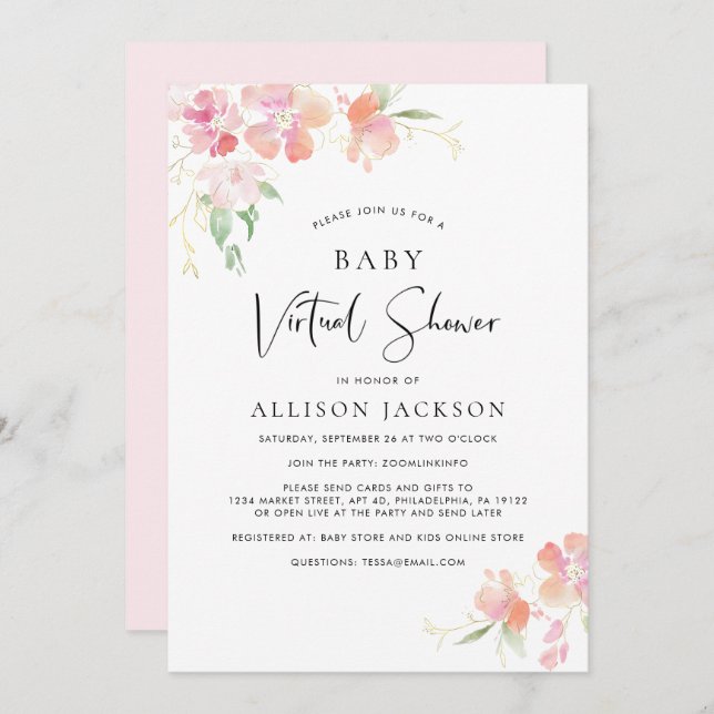 Invitation Baby shower virtuel | Aquarelle rose (Devant / Derrière)