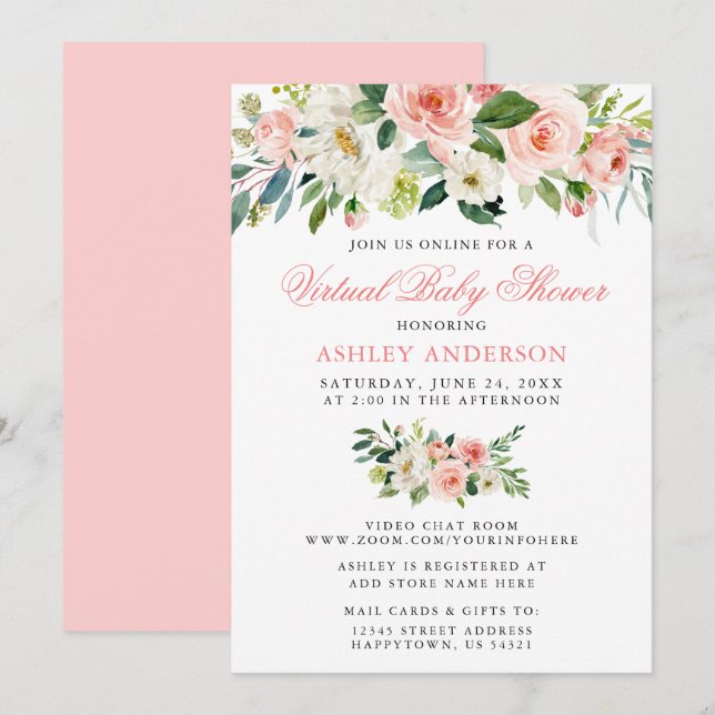 Invitation Baby shower virtuel aquarelle rose florale (Devant / Derrière)