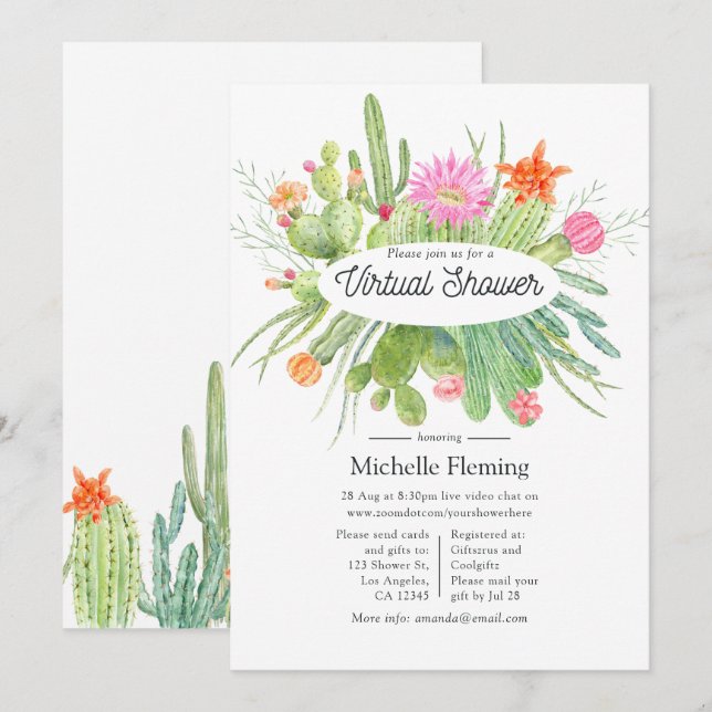 Invitation Baby Shower Virtuel au Thème Cactus Aquarelle (Devant / Derrière)