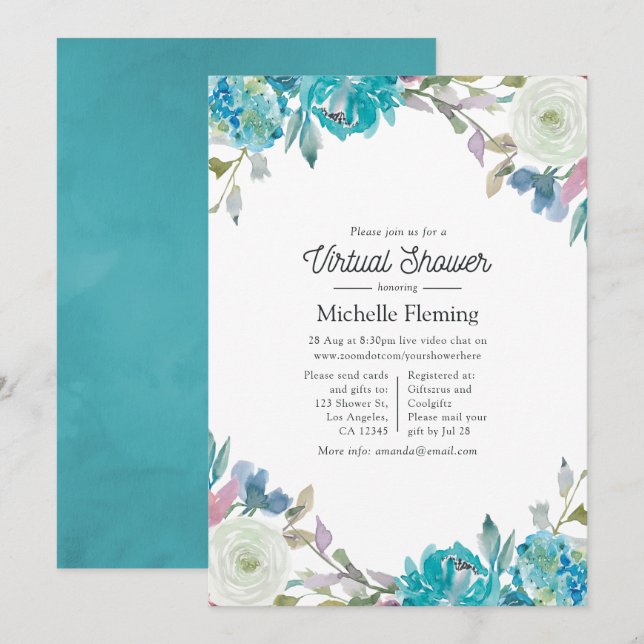 Invitation Baby Shower Virtuel aux Fleurs Pastel (Devant / Derrière)