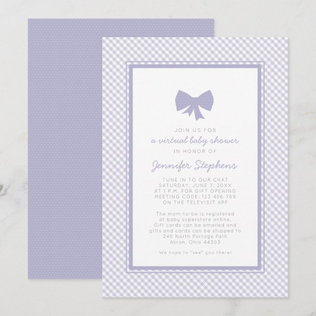 Invitation Baby shower virtuel avec un nœud violet en vichy (Devant / Derrière)