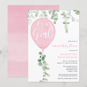 Invitation baby shower virtuel ballons roses eucalyptus