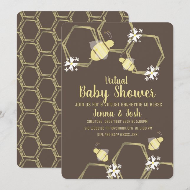 Invitation Baby-shower virtuel Bee and Daisy Floral (Devant / Derrière)
