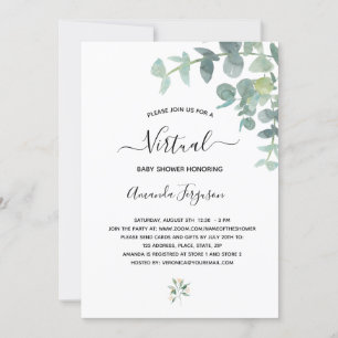 Invitation Baby shower virtuel blanc eucalyptus verdure